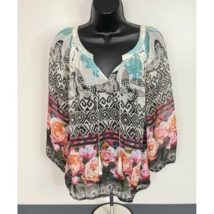Olive Hill Women's Floral Mixed Print 3/4 Sleeve Boho Tunic Top Multi Medium